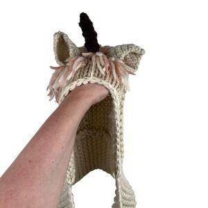 Kids Knitted Unicorn Hat with Mittens Pink White Cozy Winter Earflap Scarf